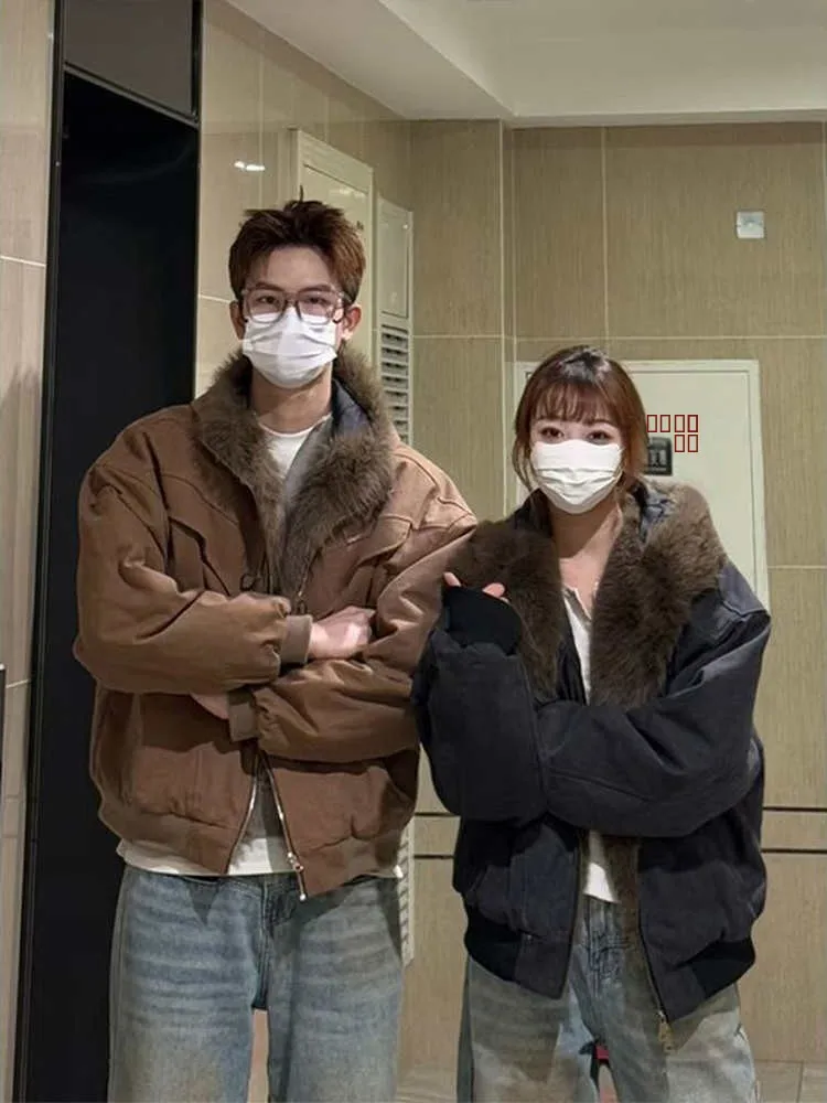 

plus Size Winter Jacket Men's Thickened Hooded Fur Collar Loose Fit Retro Short Style Versatile Casual Fashion Outerwear