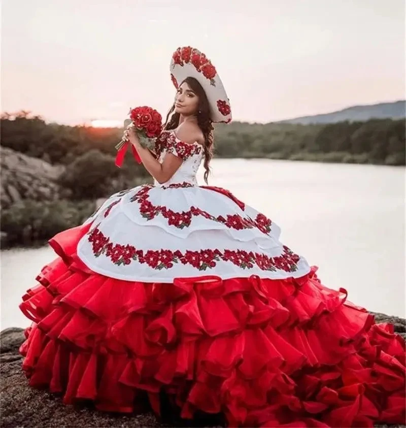 Vestido de baile princesa Quinceanera, Vermelho, Branco, Fora do ombro Apliques de Organza, Doce 16 Vestidos, 15 Anos Mexicano