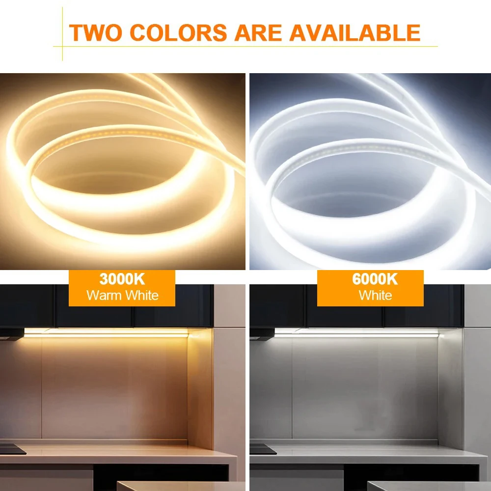 220V LED Strips High Brightness COB LED Strip Adhesive Wroaterpof Flexible Ribbon for Room Kitchen Outdoor Garden Lighting
