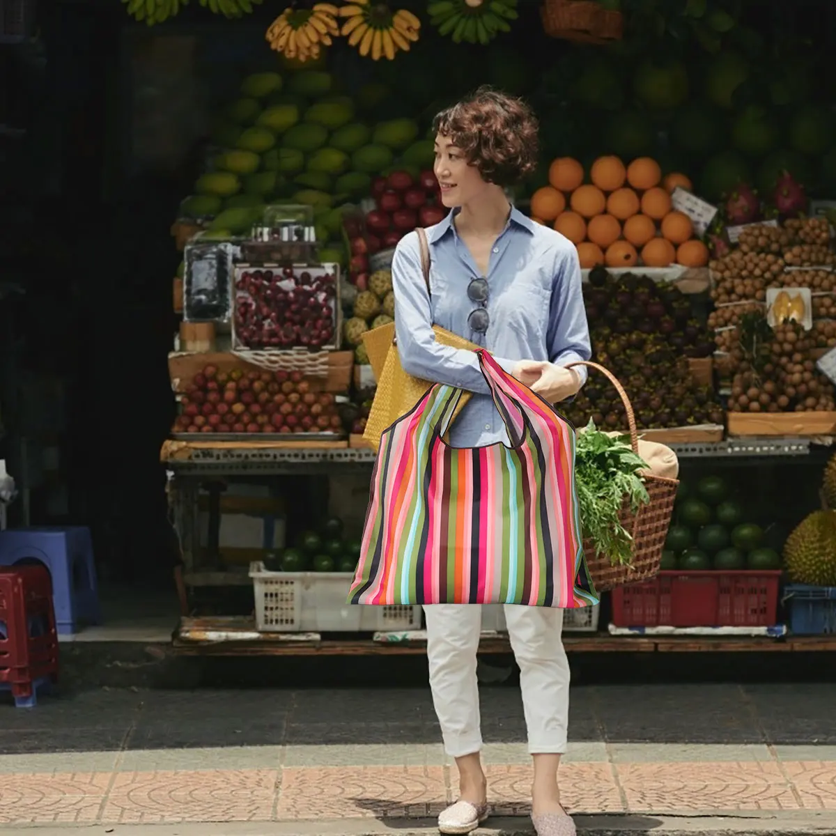 

2Pcs Eco-Friendly Shopping Bags Foldable Tote Storage Bags Waterproof Oxford Material for Grocery Reusable