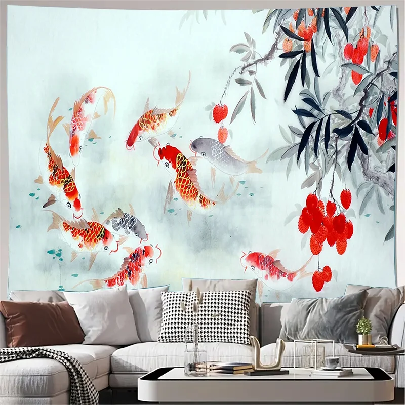 Chinese Style Koi Fish and Cherry Blossom Branch Wall Tapestry Machine Washable All Season Decor Print Home Elevate Your Space