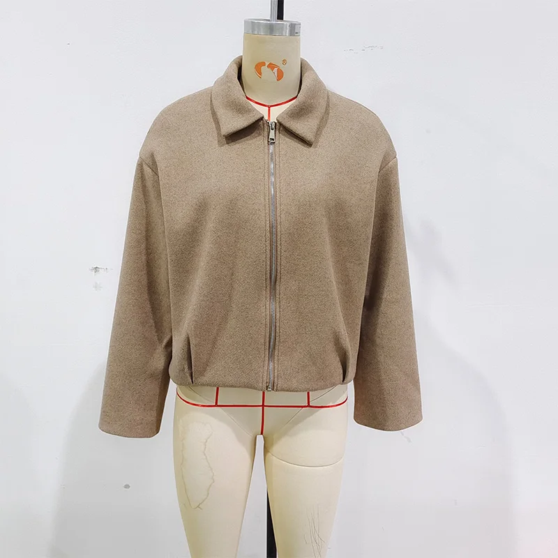 

Women's short coat fashion autumn and winter women's new style solid color woolen zipper women's coat lapel long sleeve