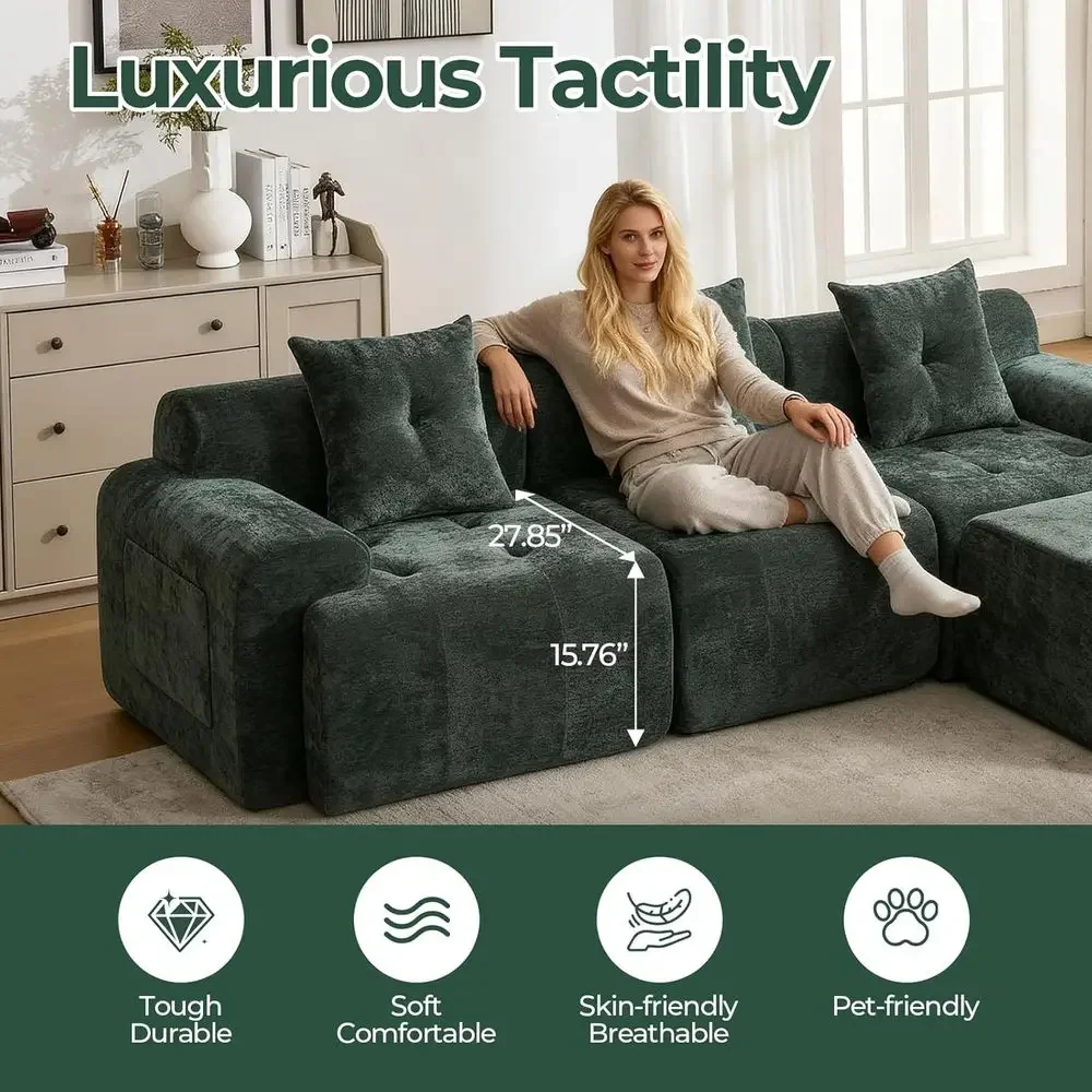 Зеленый 3-местный секционный диван L-образной формы с подвижным пуфиком, тканой обивкой, сборка не требуется