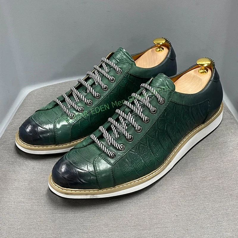 Fashion Embossment Men's Single Genuine Leather Shoes Male Lace Up Round Toe Wedding Black White Green Formal Single Shoes