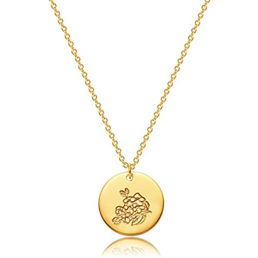 Collar con Flor de Nacimiento en Oro de 18k, Colgante Floral Personalizado, Delicado Disco con Flor del Mes de Nacimiento, Collar Estampado a Mano, Personalizable