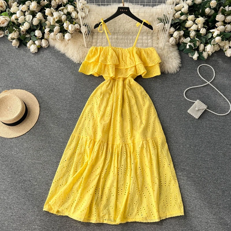 

Party Dresses French Off shoulder Dress Women's Summer Hollowed Out Ruffled Edge Slim Dress