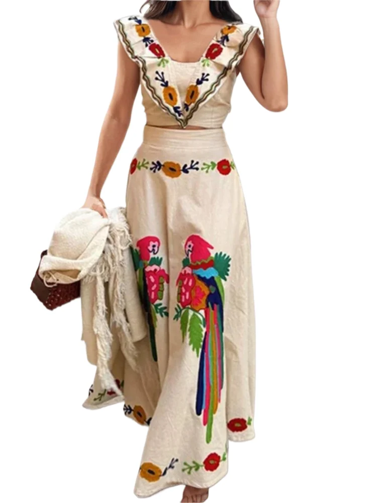 

Woman Vacation Flower Print V-Neck Two Piece Set Summer Fashion Casual Ruffled Top High Waisted A-Line Skirt Slim 2-Piece Sets