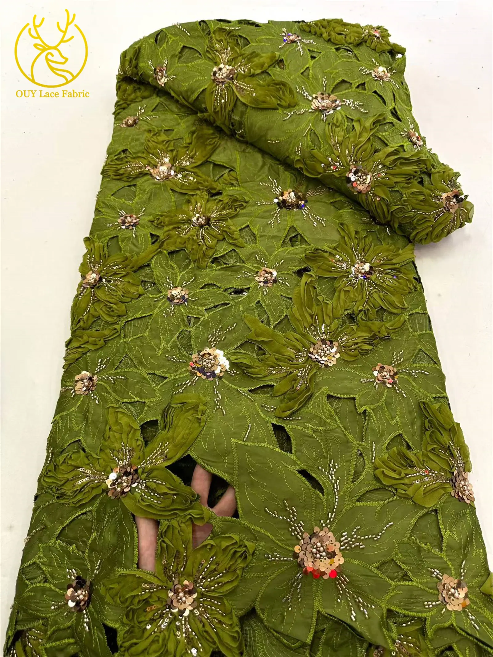 Afrikanischer französischer Stickerei-Spitzenstoff mit Perlen und Pailletten, nigerianischer Tüll-Stickerei-Blumenstoff für Abendkleider, Nähen und Dekoration – Detail 9