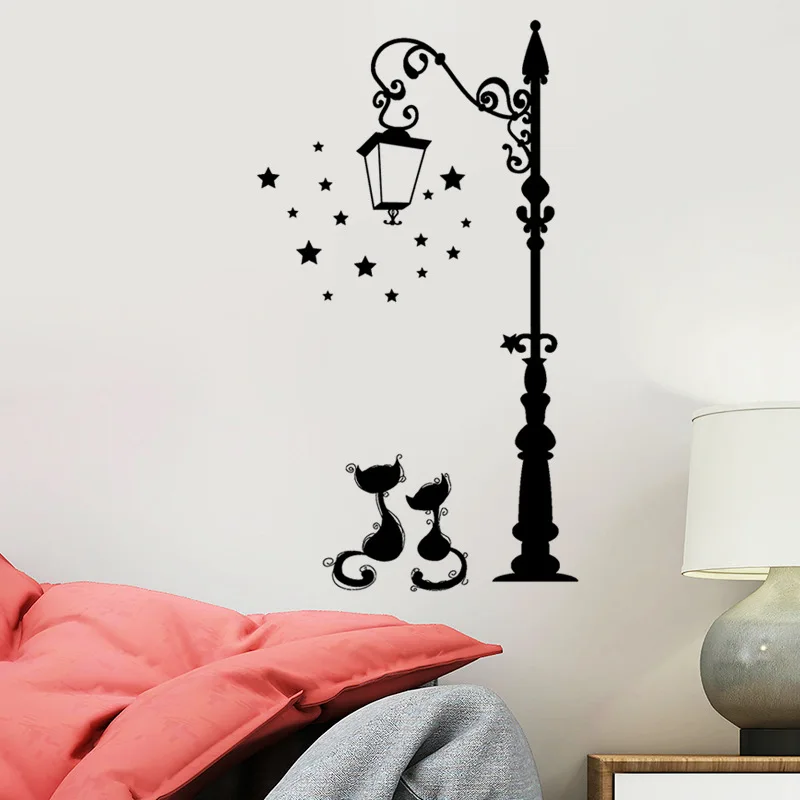 Retro Streetlight Cute Black Cat Couples Vinyl Wall Stickers Home Decoration for Living Room Bedroom Self Adhesive Wallpaper