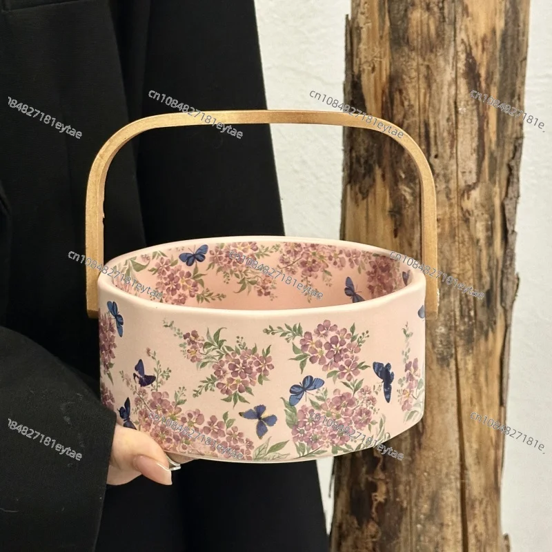 Cesta de fruta de cerámica portátil con flor de mirillo y Crape, plato de fruta, mesa de té, plato para aperitivos, cesta de almacenamiento de frutas secas para el hogar, regalo