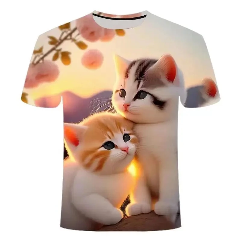 Camiseta con estampado de gato en 3D para hombre, camiseta de manga corta con cuello redondo, Top holgado de gran tamaño, divertida y a la moda