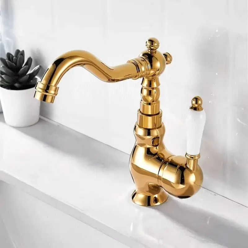 Vintage Brass Basin Faucet Cold Hot Mixer Water Tap Long Arc Rotating Spout Deck Mounted One Hole Crane Vessel Sink Vanity Tap