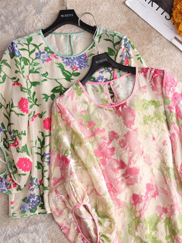 

Elegant Soft Silk Velvet Shirt with Burned Flower Design Lantern Sleeve Straight Cut Commute Style round Neck Top for Women