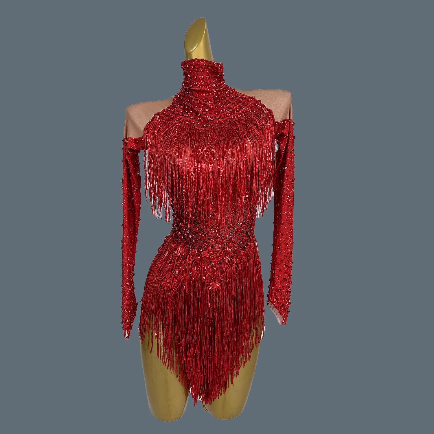 Sparkly Red Tassel Sexy Bodysuit Latino Dance Wear for Women Nightclub Dance Show Sequins Leotard Bars Music Event Wear Latiao