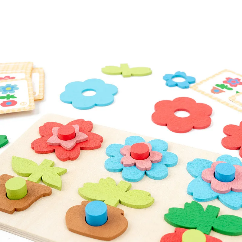 1pc Wooden Flower-Themed Color-Coordinated Stacking Puzzle Toy Interlocking Building Block Set Suitable for Children Ages 3+