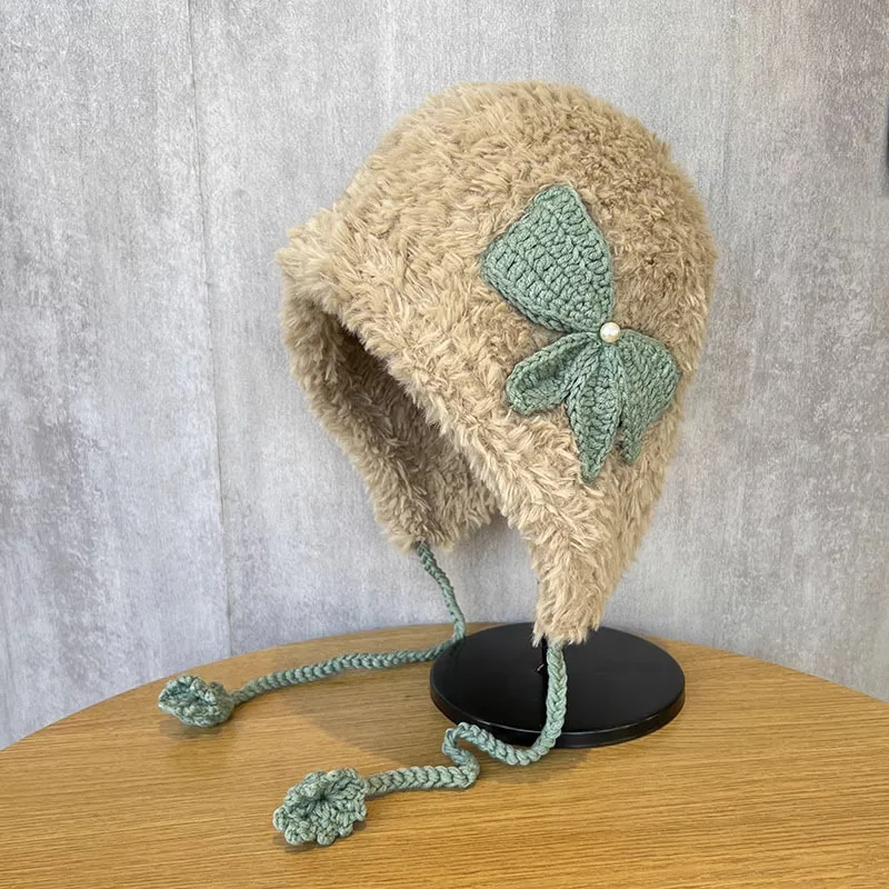 Winter Lovely Plush Knitted Woolen Hat Outdoor Warm Ear Protective Hat Woman 6