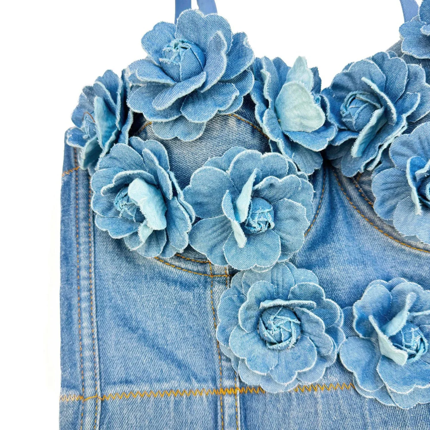 A866 دروبشيب الأزرق الأسود الصدرية موضة الفتيات ملابس حريمي الذاكرة الحلوة اليدوية مسمار حبة زهرة بروتيل سترة مشد الدنيم