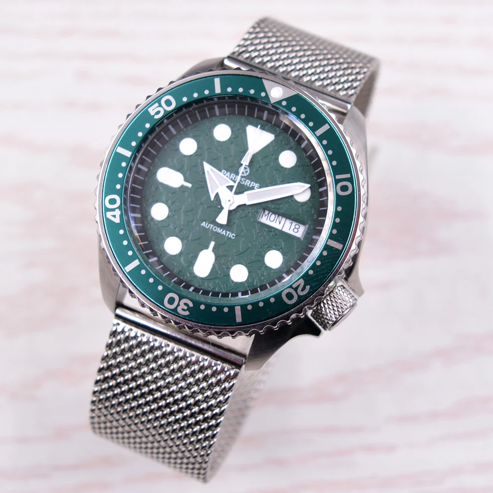 

42MM Luxury PARNSRPE Sapphire Glass NH36A Automatic Mens Watch Luminous Green dial Steel Bracelet