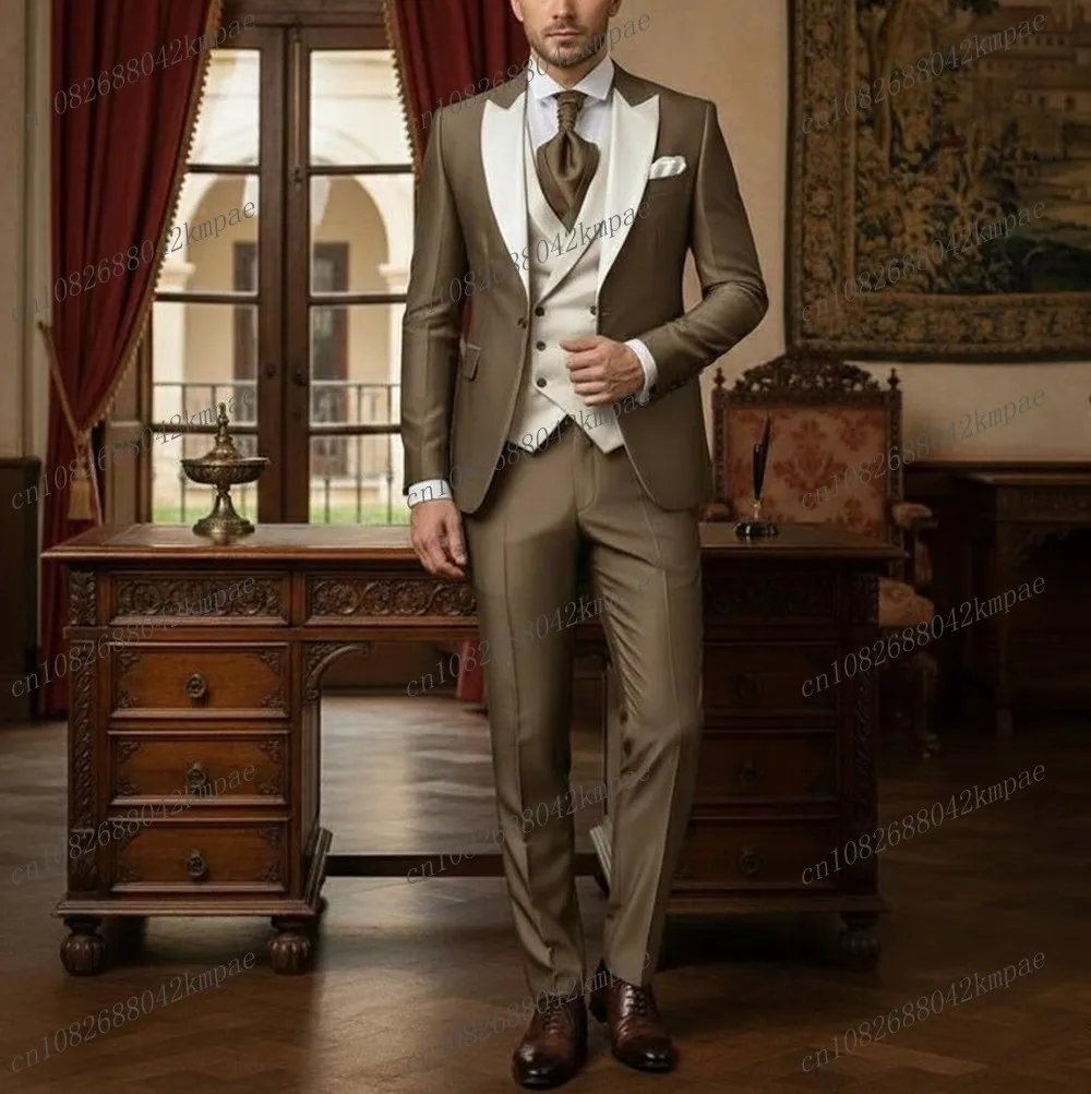 Neuer dunkler Khaki- und weißer formeller Herrenanzug Bräutigam Trauzeuge Hochzeit Party Abschlussball Business Herren Smoking 3-teiliges Set Blazer Weste Hose