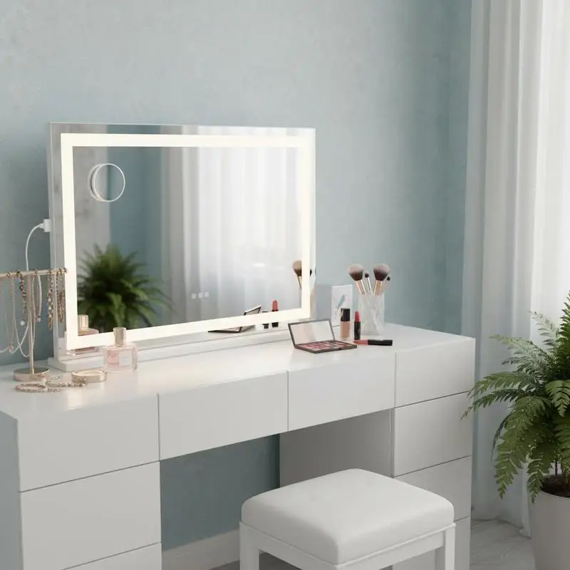 

Illuminated Cosmetic Glass 31.5x21.7in For Bedroom Dressing Table Studio, 3 Color Modes USB Charging Port Dimmable Touch Control Large Rectangular Design Desktop Wall-mounted Dual Installation Smart Memory Function High Definition Reflection Mirror