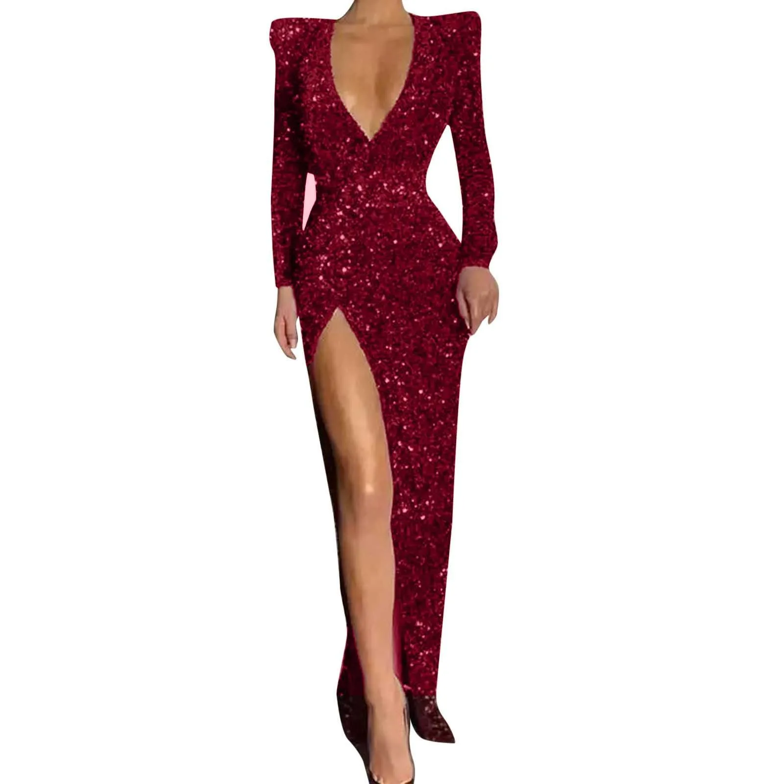 Women\'s Formal Dresses Vintage Long Sleeve Deep V Neck Side Slit Slim Glitter Sparkly Sequin Dress Elegant Solid Red Party Dress