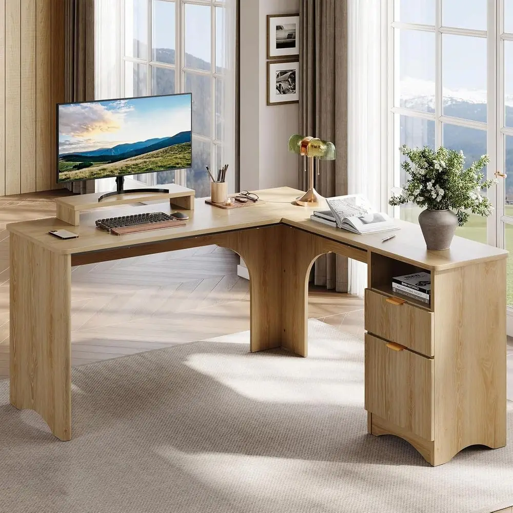 L-Shaped Natural Oak Office Desk, 55.7 x 55, with Monitor Stand and Rounded Corners for Home Office