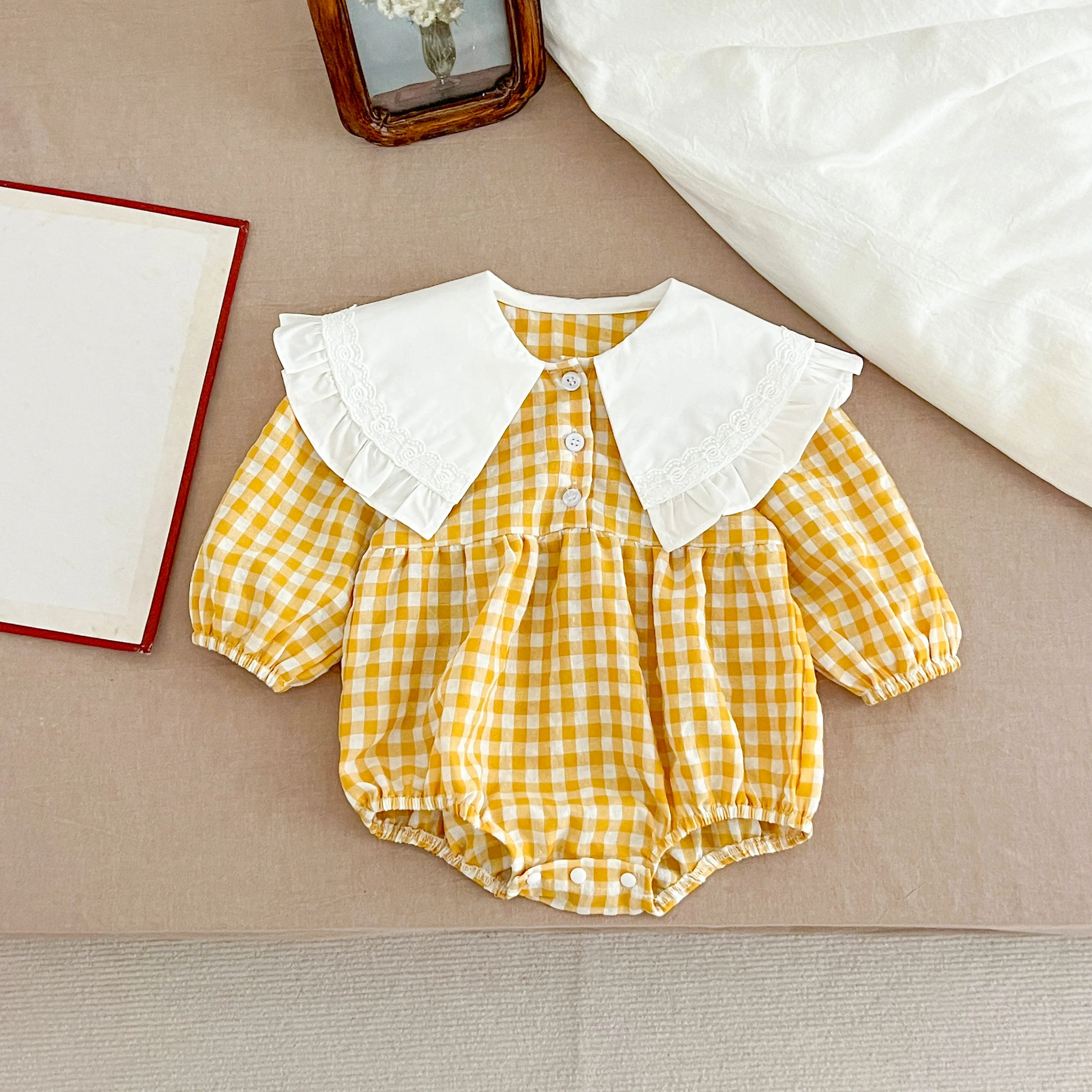 Neue Weihnachten Kleinkind Baby Mädchen Strampler Lange Ärmel Grid Strampler Herbst Neugeborenen 0-24M Spleißen Infant Baby mädchen Rot Overall – Detail 18