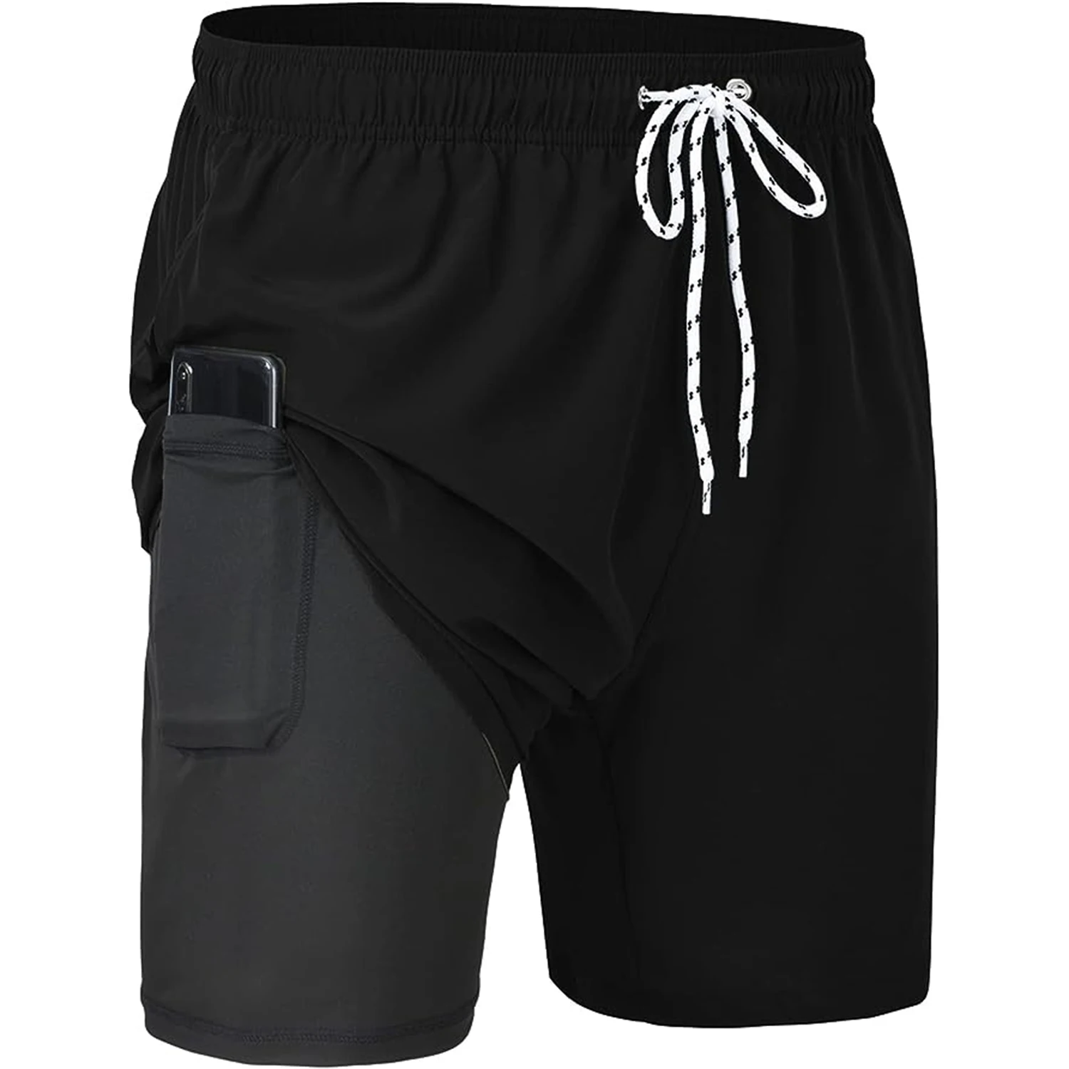 Mens Swim Trunks with Compression Liner 2 in 1 Quick-Dry Swimming Shorts with Zipper Pockets