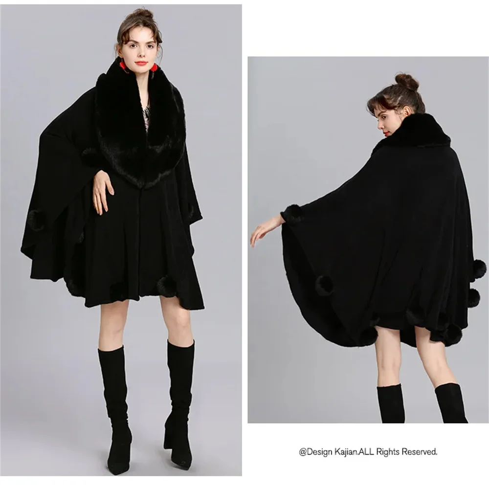 Poncho de péndulo grande para mujer, chal de bola de piel de invierno, suéter de punto de gran tamaño, cárdigan con cuello de piel de zorro falso, abrigo con pompón