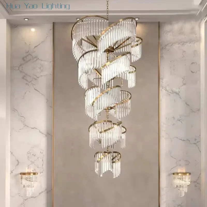 Villa alta sala de estar candelabro de cristal luz moderna atmósfera creativa de lujo lámpara de escalera hueca dúplex de lujo