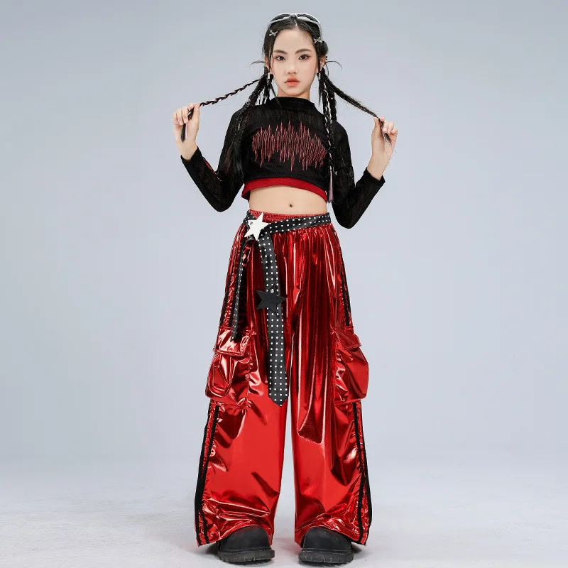

Girls Hip Hop Clothes Sets Long Sleeve Crop Top Red Pants Fashion Streetwear Stage Show Outfits Group Jazz Street Dance Costume