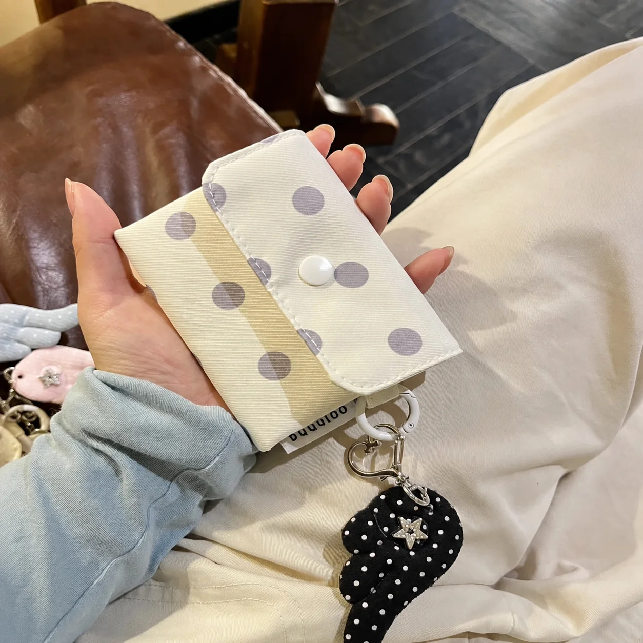 Portable Storage Bag Polka Dot Canvas Wallet Multi-Layer Card Holder Canvas Tri-Fold Coin Purse For Pocket Commute Shopping