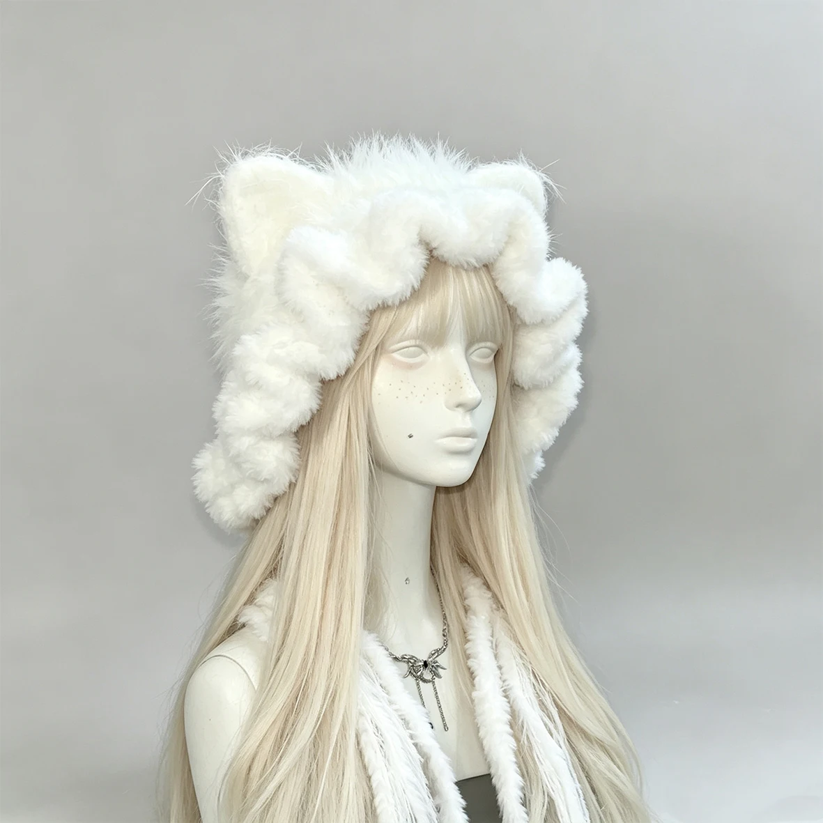 Handmade Custom Crochet White Cat Ear Ruffle Hat Women Soft Fuzzy Knitted Beanie Girls Fairycore Kawaii Winter Warm Hood Hat