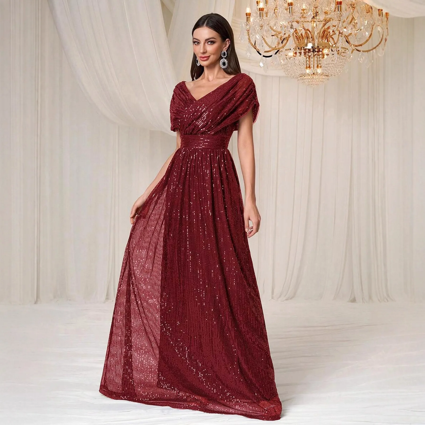 

Sexy V-Neck Sequined Slim Fit Long Dress with Off The Shoulder Women Elegant Burgundy Dress