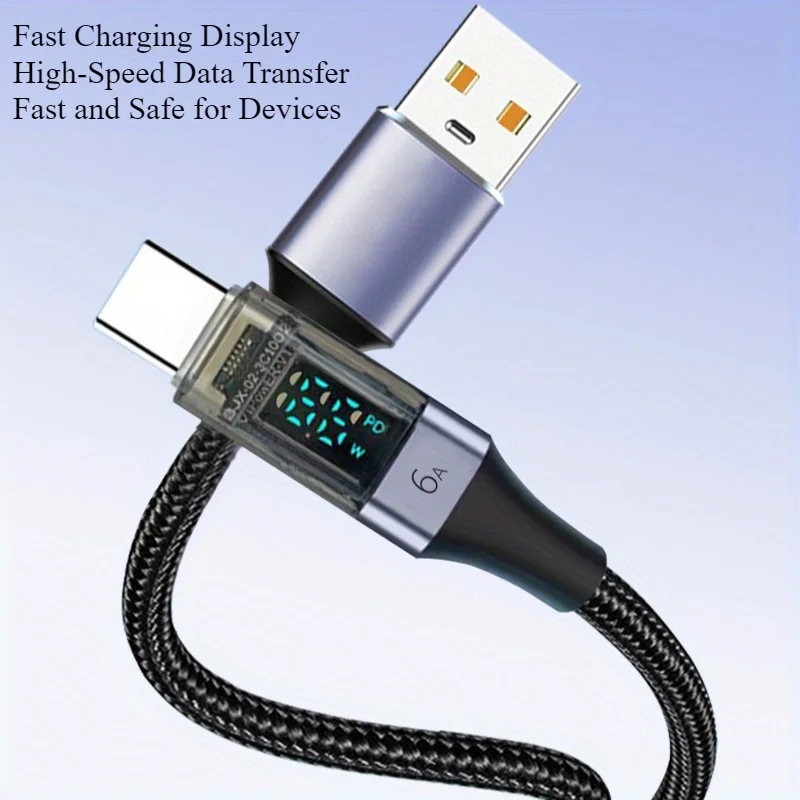 6 عبوات من كابل بيانات العرض الرقمي الذكي بطول 1 متر/3.3 قدم، كابل شحن سريع 66 وات، USB إلى Type-C، كابل شحن سريع كهربائي مرئي