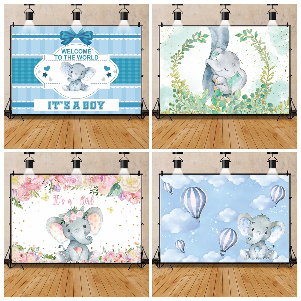 Cartoon Elephant Photography Backdrop Welcome To The World Newborn Baby Shower Boy Girl Birthday Party Banner Custom Background