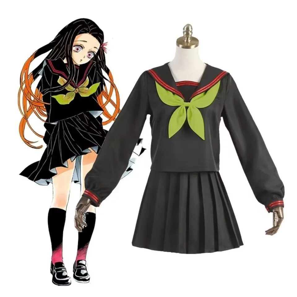 

Nezuko Kamado Cosplay Costume Anime Movie Sailor Uniform Top Skirt Green Bow Tie Women Halloween Comic Con Party Outfit