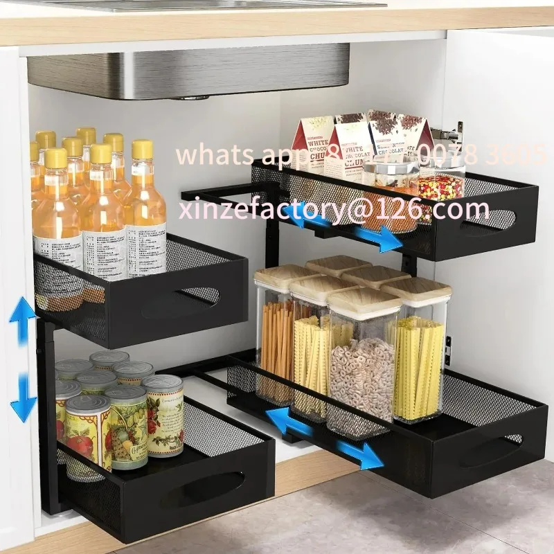 

Customizable Under Sink Organizers and Storage, Adjustable 2 Tier Metal Pull out Cabinet Organizer for Bathroom, Kitchen, Pantry