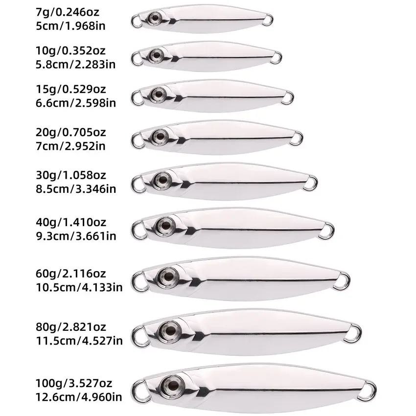 도금 은빛 금속 지그 미끼, 바다 낚시 미끼, 바닷물 농어 태클, 10 개, 7g, 10g, 15g, 20g, 30g, 40g, 60g