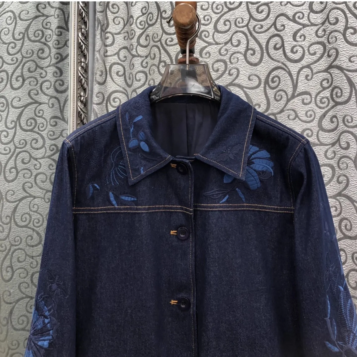 100% algodão denim casacos 2025 outono inverno moda senhora turn-down colarinho requintado bordado manga longa azul jeans outerwear