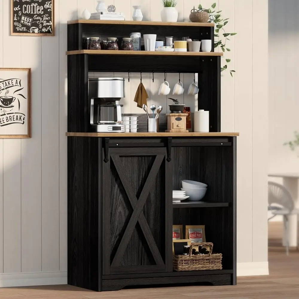Coffee Bar with 3 Tier Storage Hutch, 56 Inch Small Bar Station with 6 Hooks, Table with Adjustable Shelves for Living Dining Ro