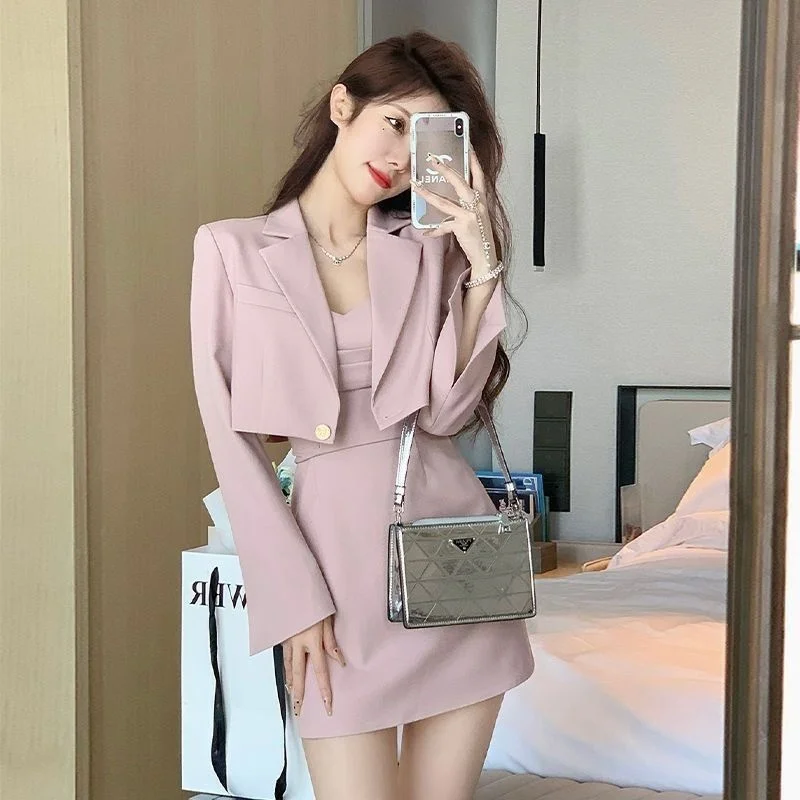 Light Luxury And Simple Korean Dress 2023 Early Autumn Women's Suit Top Slim And Versatile Set Short Skirt Two Piece Elegant