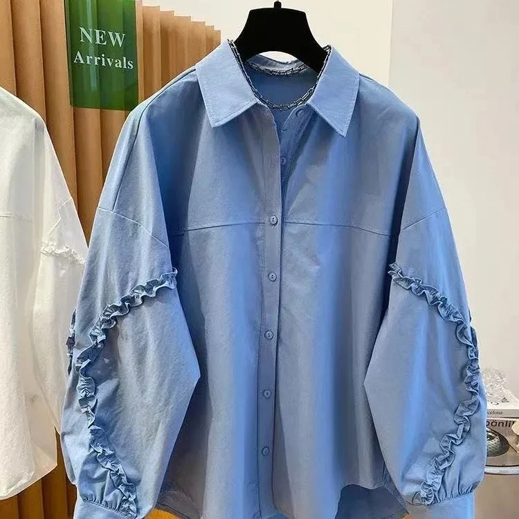 Weißes Hemd für Damen, langärmelig, Mantel, 2022, neue lockere große Abdeckung, Gesäß, Revers, Jacke, Top, koreanisches Mode-Shirt-Oberteil