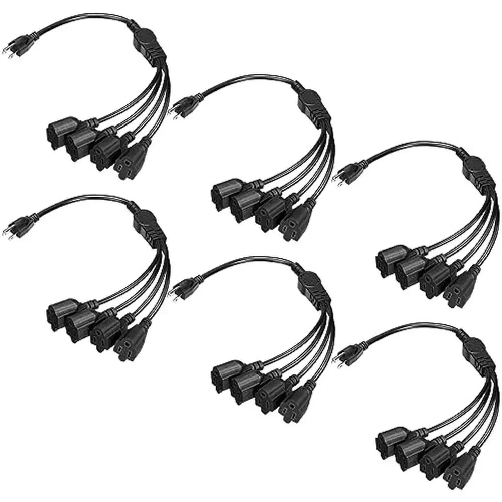 

6-Pack 3 Prong 1 to 4 Outdoor Extension Cord Splitter Cable 4 Way Power Outlet Plug Heavy Duty Black Power Splitter Cable