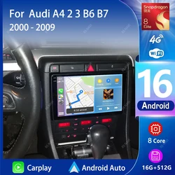 Android 16 Carplay Auto 2K Screen Car Radio Multimedia Player For Audi A4 2 3 B6 B7 S4 RS4 2000-2009 Autoradio Stereo Head Unit