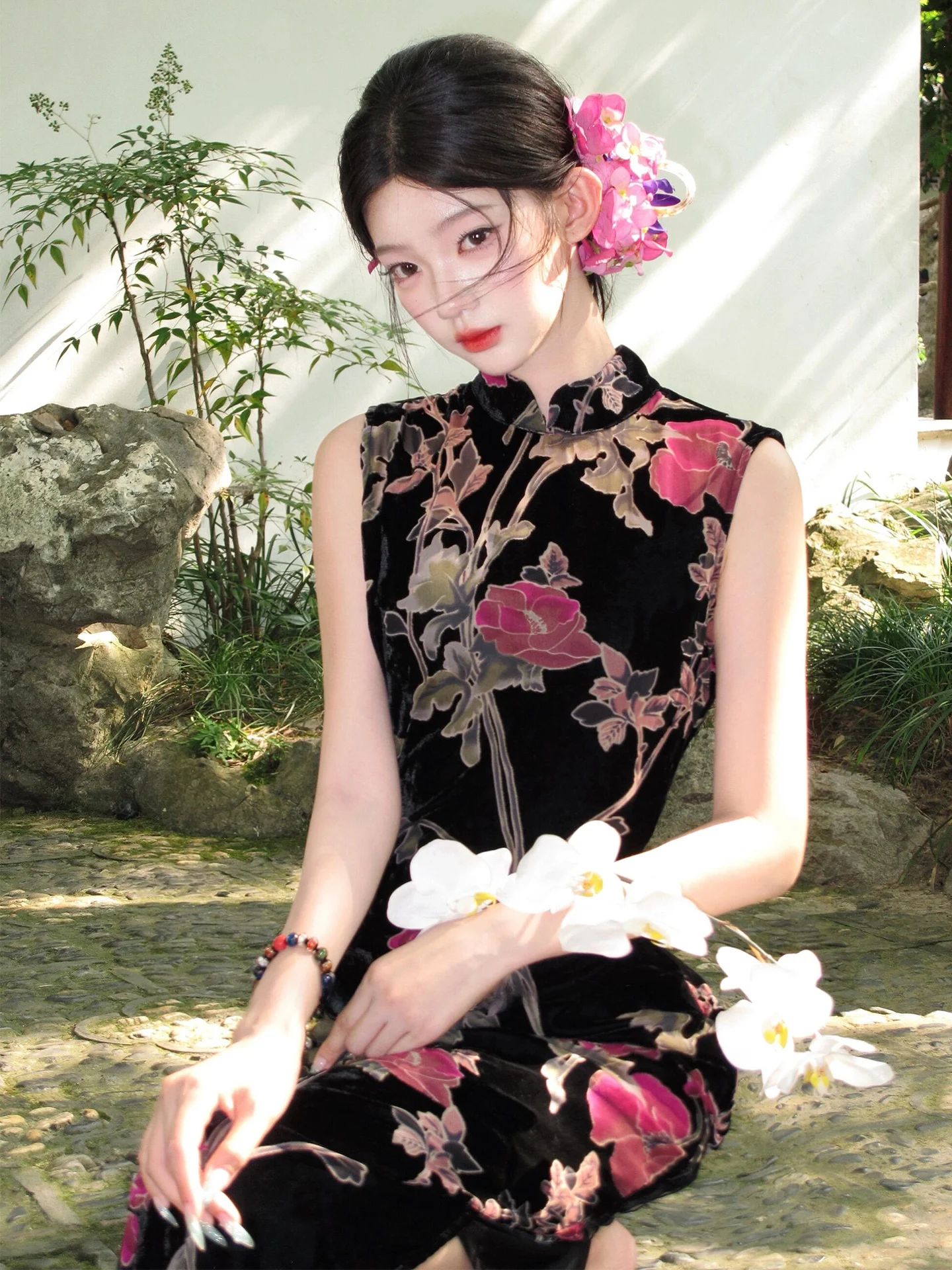 

New Chinese Sle Velvet Long Dr Sexy Bodycon Skirt Retro Print Qianjin Chic High Waist A-Line Summer Dr for Women