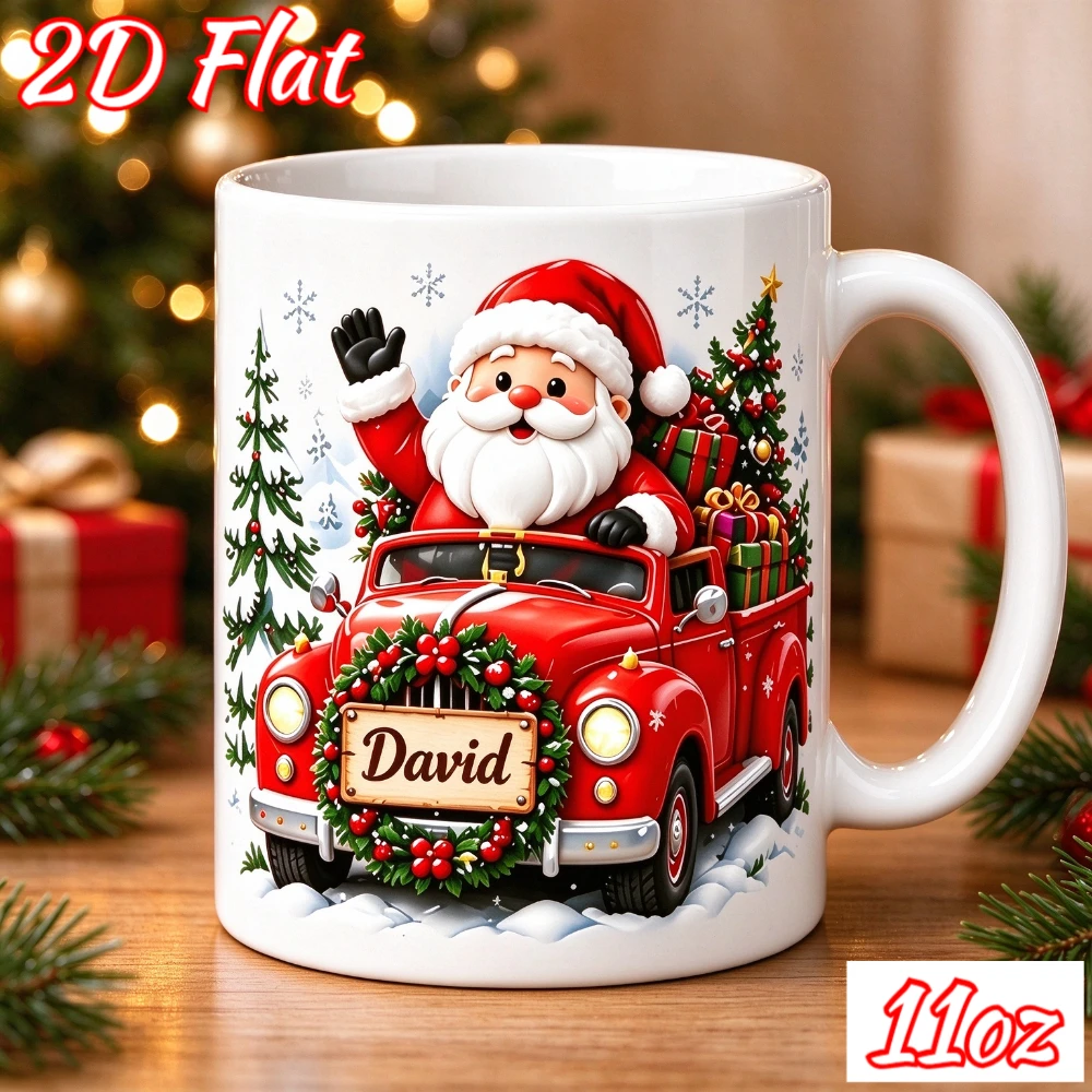 Custom Christmas Ceramic Mug 11oz Personalized Name Santa Tree Gift Box Wreath Print Microwave Safe Holiday Gift