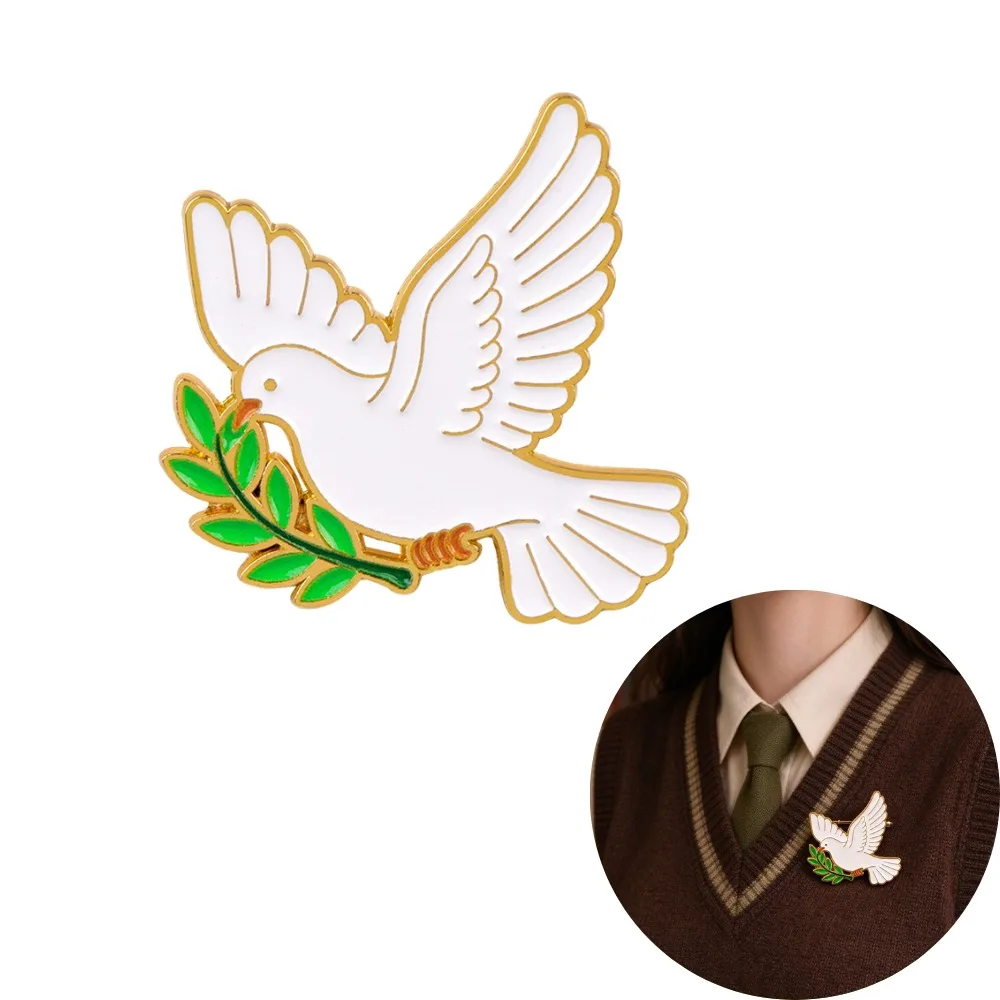 White Peace Dove with Olive Branch Enamel Pin Bird Lapel Brooch Badge for Jacket Backpack Hat Pins Decorative Jewelry Gift