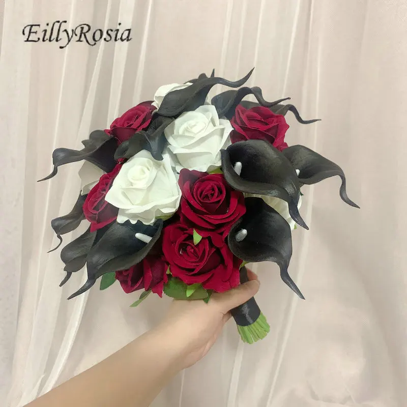 

EillyRosia Vintage White & Burgundy Roses Black Calla Lily Bridal Bouquet Round Gothic Wedding Flowers for Bride Custom Made