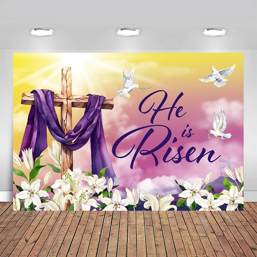 

Easter He Is Risen Backdrop Happy Easter Decoration Religious Resurrection Cross Bible Background Photo Booth Photography Banner